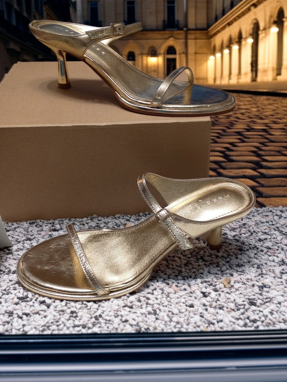 New Marc Fisher LTD Ayalet Metallic Gold Strappy Kitten Heel Sandals - Women